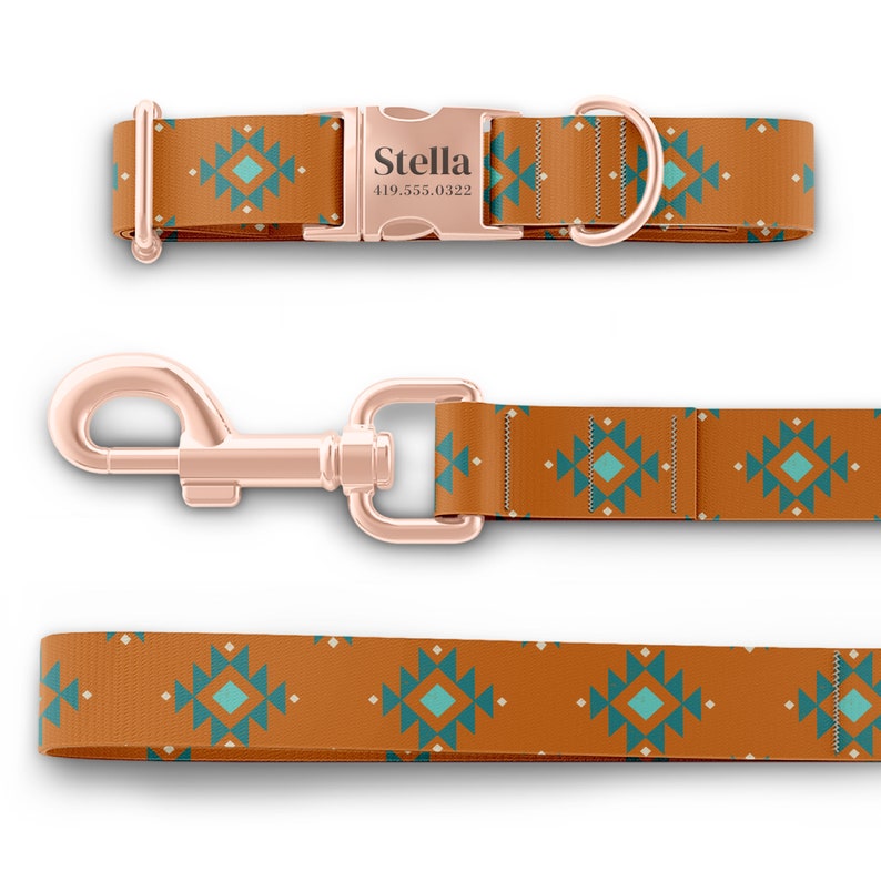 May include: A brown and teal patterned dog collar and leash set with a rose gold buckle and clasp. The collar has a personalized name tag that reads "Stella" and a phone number.