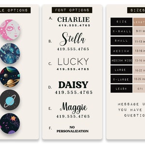 May include: A chart with five different styles of dog collar designs, five font options for personalization, and a size chart with measurements in inches. The chart includes sizes for collars and leashes.