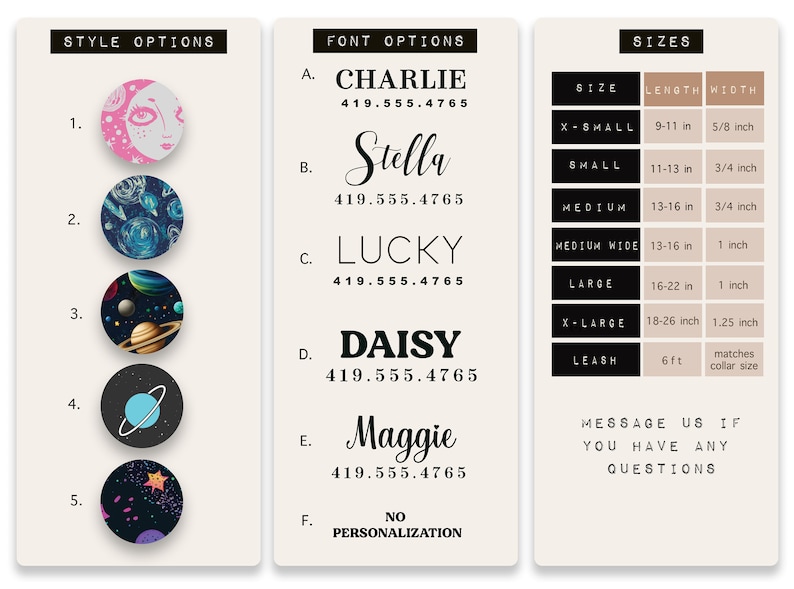 May include: A chart with five different styles of dog collar designs, five font options for personalization, and a size chart with measurements in inches. The chart includes sizes for collars and leashes.