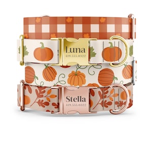 May include: A stack of three dog collars with fall-themed patterns. The top collar has a brown and white gingham pattern. The middle collar features pumpkins and the name "Luna". The bottom collar has autumn leaves and the name "Stella".