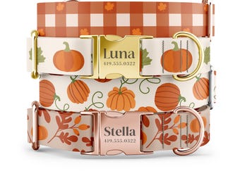 Pumpkin Gingham Fall Dog Collar: Custom Engraved Buckle, Autumn Farmhouse Style