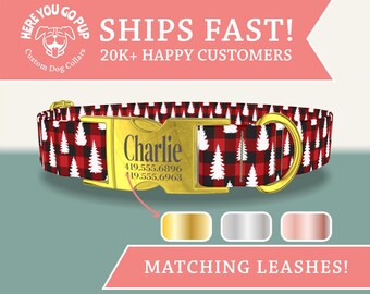 Buffalo Plaid Christmas Dog Collar - Red Black Check Dog Collar with White Trees - Personalized Winter Holiday Pet Collar