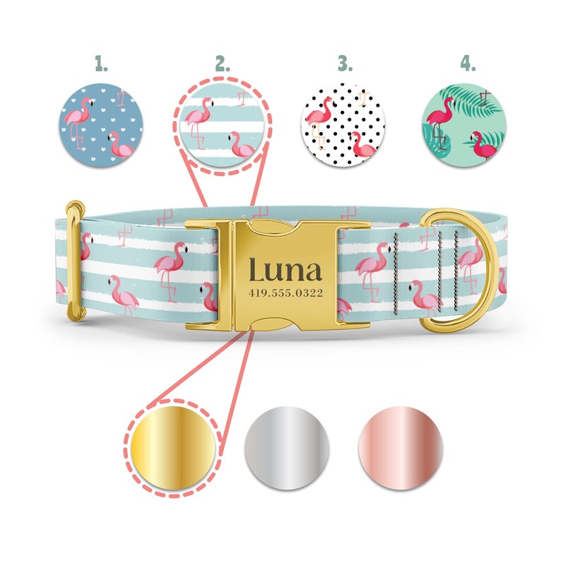 Flamingos Dog Collar - Beach Dog Collar - Recycled Plastic - Pink Flamingo - Personalized Name in Gold, Rose Gold, or Silver image 3