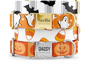 Halloween Dog Collar - Ghost, Pumpkin & Candy Corn Design, Spooky Fall Dog Collar with Engraved Buckle, Custom Pet Accessories