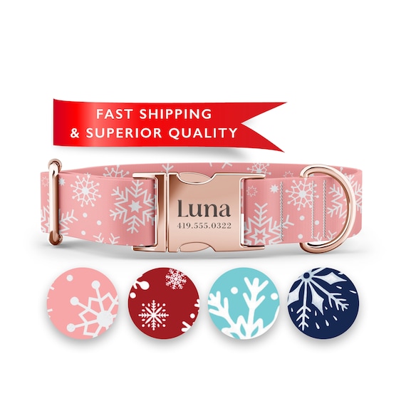 PINK Snowflake Christmas Dog Collar, Personalized Christmas Dog Collar with Name,  Sizes XS-XL and Matching Leash available