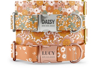 Vintage Floral Dog Collar- Personalized Girl Dog Collar with Name, Fall Vibes Pet Collar, Engraved Buckle- "Daisy Dreams"