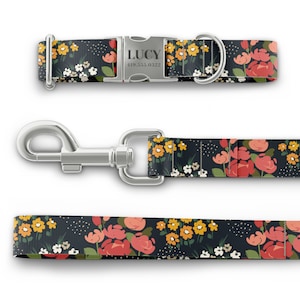 Collares florales para perritas, collar rosa con flores, grabados de nombres personalizados con hebillas doradas, oro rosa y plateadas, estilo Martingale disponible. imagen 8