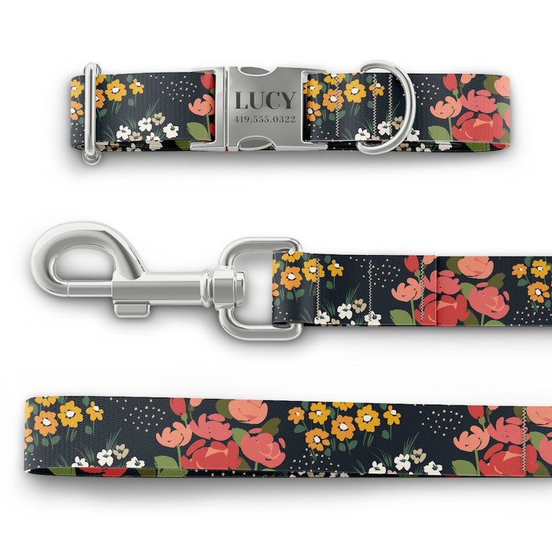 Collares florales para perritas, collar rosa con flores, grabados de nombres personalizados con hebillas doradas, oro rosa y plateadas, estilo Martingale disponible. imagen 8