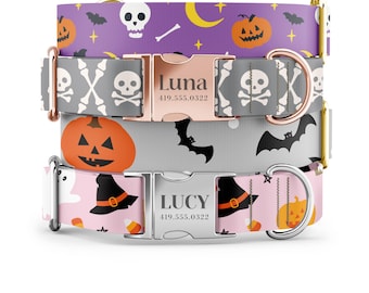 May include: Three dog collars with Halloween themes. The top collar is purple with skulls, crossbones, and pumpkins. The middle collar is gray with bats and pumpkins. The bottom collar is pink with ghosts, witches hats, and candy corn. Each collar has a personalized name tag with a phone number.