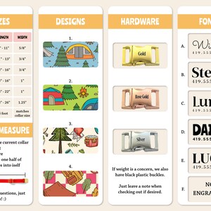 May include: A chart with information about dog collar sizes, designs, hardware, and fonts. The chart includes a size chart with measurements in inches, a selection of camping-themed designs, a choice of gold, rose gold, or silver hardware, and a list of font options with corresponding font names and phone numbers.