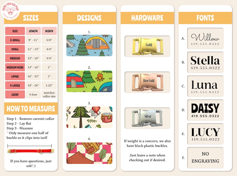 May include: A chart with information about dog collar sizes, designs, hardware, and fonts. The chart includes a size chart with measurements in inches, a selection of camping-themed designs, a choice of gold, rose gold, or silver hardware, and a list of font options with corresponding font names and phone numbers.