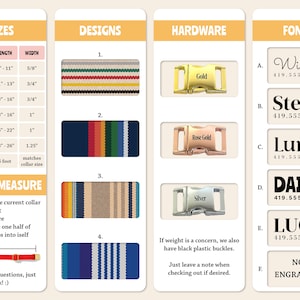 May include: Informational graphic for custom dog collars. Includes size chart (X-Small to X-Large, 9"-26" length), design options, hardware choices (gold, rose gold, silver), and font styles. Also shows how to measure for a collar.