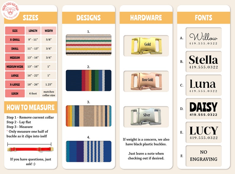 May include: Informational graphic for custom dog collars. Includes size chart (X-Small to X-Large, 9"-26" length), design options, hardware choices (gold, rose gold, silver), and font styles. Also shows how to measure for a collar.