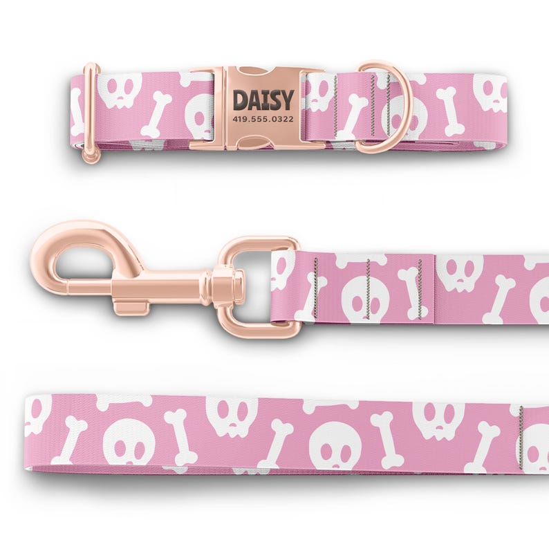 K&ouml;nnte beinhalten: Ein rosafarbenes Hundehalsband und eine Leine mit einem wei&szlig;en Totenkopf- und Knochenmuster. Das Halsband hat eine ros&eacute;goldene Schnalle mit dem Namen "DAISY" und einer eingravierten Telefonnummer. Die Leine hat einen ros&eacute;goldenen Clip.