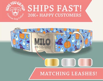 Personalized Halloween Dog Collar, Spooky Ghost Collar, Blue Pumpkin Collar, Custom Engraved Buckle