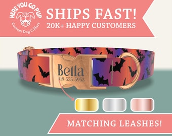 Halloween Bat Dog Collar, Personalized Dog Collar, Engraved Name Collar, Spooky Fall Dog Collar