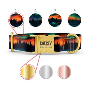 May include: A gold dog collar with a black and orange patterned strap featuring a mountain scene with a sunset. The collar has a gold buckle with the text "DAISY 419.555.0322" and a gold D-ring.