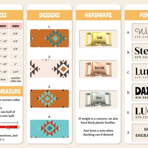 May include: A chart with information about dog collar sizes, designs, hardware, and fonts. The chart includes a size chart with measurements in inches, a selection of geometric designs, hardware options including gold, rose gold, and silver, and a list of fonts with corresponding phone numbers.