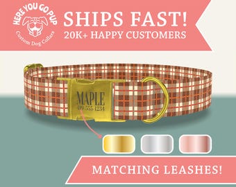 Plaid Dog Collar, Personalized Fall Pet Collar, Custom Engraved Dog Collar, Neutral Autumn Accessories