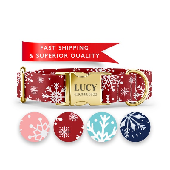 RED Snowflake Christmas Dog Collar, Personalized Christmas Dog Collar with Name,  Sizes XS-XL and Matching Leash available