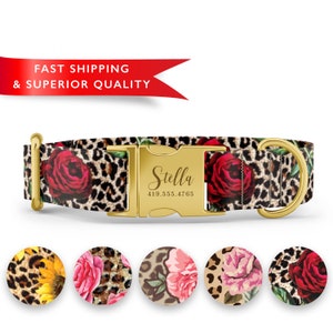 May include: A gold dog collar with a leopard print and red roses. The collar has a gold buckle with the name "Stella" and a phone number engraved on it. The collar is shown with four different variations of the print.