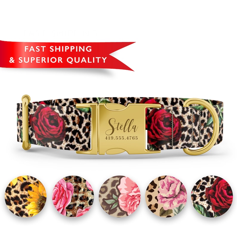 May include: A gold dog collar with a leopard print and red roses. The collar has a gold buckle with the name "Stella" and a phone number engraved on it. The collar is shown with four different variations of the print.