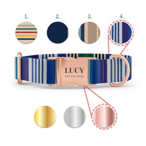 May include: A personalized dog collar with a blue and white striped pattern. The collar features a rose gold buckle engraved with "LUCY" and a phone number. Additional color options are shown in the image.