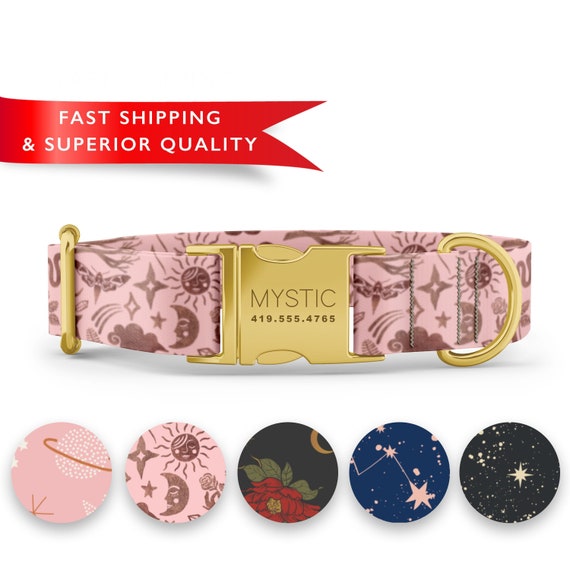 Witchy Magic Dog Collar Personalized, Custom Dog Collar with Name, Moon Print Dog Collar, Cute Girl Boy Dog Collars, Rose Gold Silver Buckle