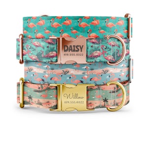 Custom Flamingo Dog Collar - Tropical and Playful Pet Accessory - Personalized Engraved Buckle - XS-XL Sizes, Gold/Rose Gold/Silver Hardware