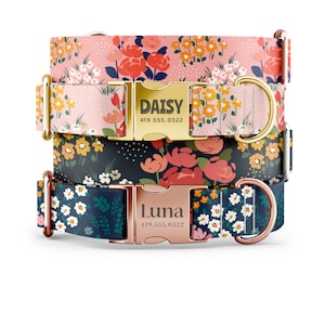 Girl floral dog collars, Pink Flower Dog Collar, custom name engravings with Gold, Rose Gold and sliver buckles, Martingale style available