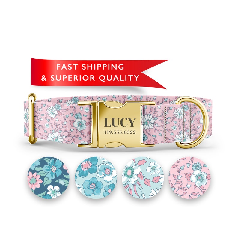 K&ouml;nnte beinhalten: Ein pinkfarbenes Hundehalsband mit einer goldenen Schnalle und einem Blumenmuster. Die Schnalle ist mit dem Namen "LUCY" und der Telefonnummer "419.555.0322" graviert. Das Halsband wird mit drei verschiedenen Blumenmustern gezeigt.