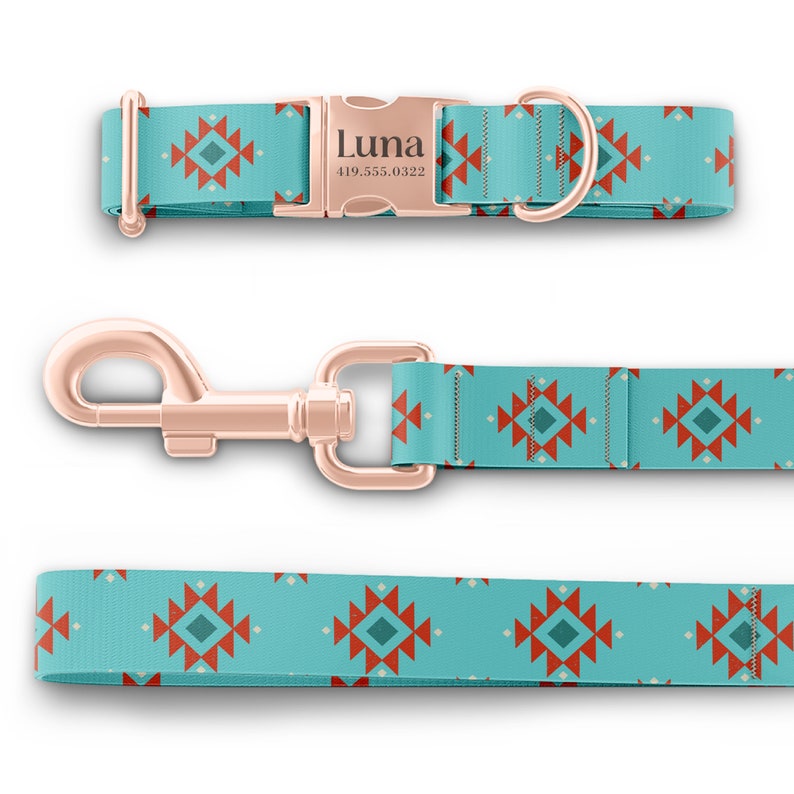 May include: A turquoise and red patterned dog collar with a rose gold buckle and a matching leash. The buckle is engraved with the name "Luna" and a phone number.