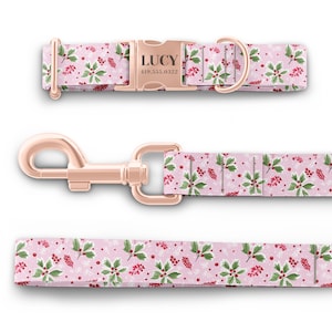 May include: A pink dog collar and leash set with a holly and berry pattern. The collar has a rose gold buckle with the name "LUCY" and phone number "419.555.0322" engraved on it.