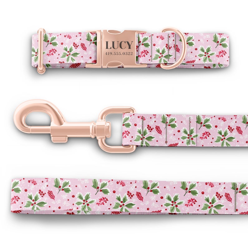 May include: A pink dog collar and leash set with a holly and berry pattern. The collar has a rose gold buckle with the name "LUCY" and phone number "419.555.0322" engraved on it.