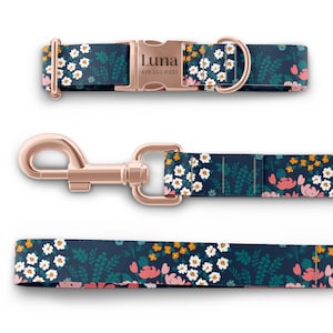 Collares florales para perritas, collar rosa con flores, grabados de nombres personalizados con hebillas doradas, oro rosa y plateadas, estilo Martingale disponible. imagen 9