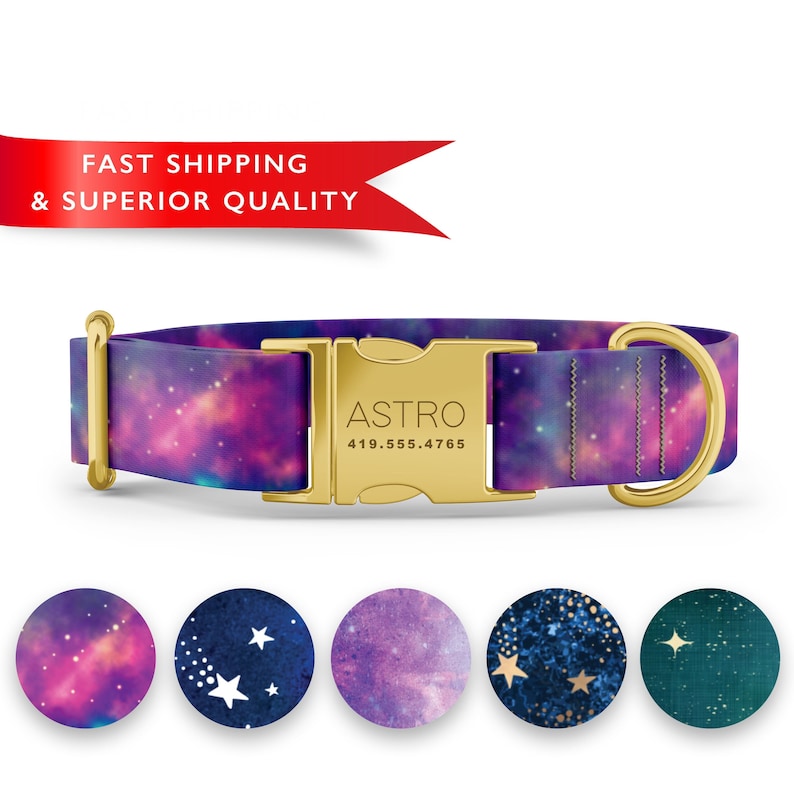 May include: A purple and pink dog collar with a galaxy print and gold hardware. The collar has a gold buckle with the text "ASTRO 419.555.4765".