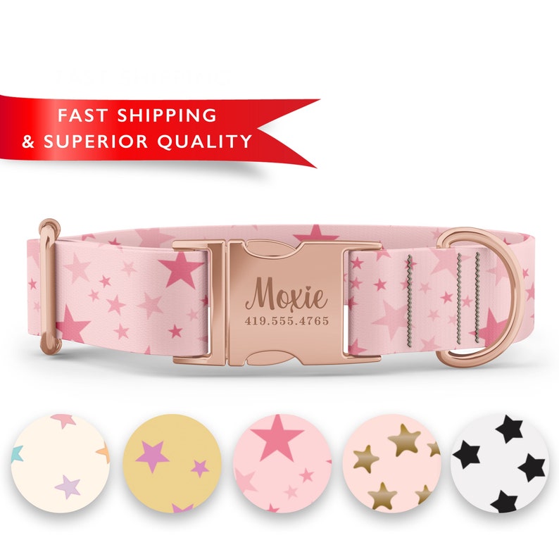 Girl Dog Collar with Stars, Custom Dog Collar with Name, Cute Dog Collars, Patterned Dog Collars, Cute Collars, Adjustable, Sizes XS - XL image 1