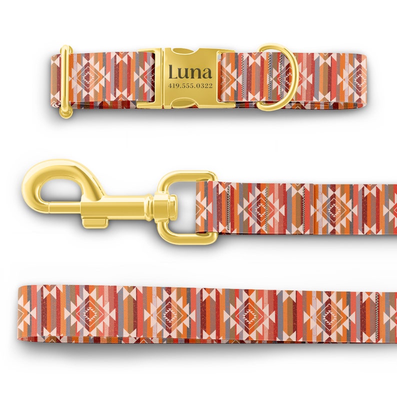 May include: A gold dog collar and leash set with a geometric pattern in shades of orange, red, and brown. The collar has a gold buckle with the name "Luna" and a phone number engraved on it.