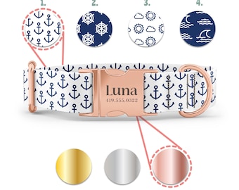 May include: White dog collar with a blue anchor pattern and a rose gold buckle. The buckle is engraved with the name "Luna" and a phone number. The collar comes in three different buckle finishes: gold, silver, and rose gold.