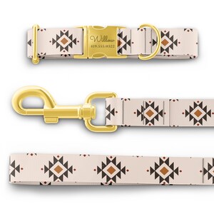 May include: A beige dog collar and leash set with a geometric pattern in black, brown, and red. The collar has a gold buckle with the name "Willow" and a phone number.