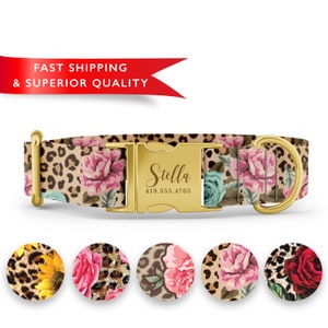 May include: A gold dog collar with a leopard print and floral pattern. The collar has a gold buckle with the name "Stella" and a phone number engraved on it. The collar is shown with four different variations of the pattern.