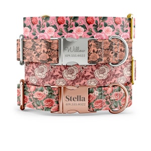 Custom Rose Flower Print Dog Collar with custom engraving.  Gold, Rose Gold, and Silver hardware options.  Matching leashes available also.