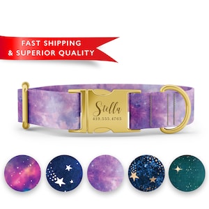 May include: Purple and gold dog collar with a galaxy print and a gold name tag that says "Stella" and a phone number. The collar is shown with five different galaxy print options.