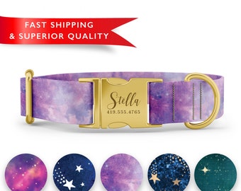 Galaxy Dog Collar Personalized, Custom Dog Collar with Name, Cosmo Print Dog Collar, Cute Girl Boy Dog Collars, Rose Gold Silver Buckle