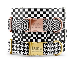 Gigham Dog Collar in Black and White - Psychedelic Pattern - Checkered Collar with Name in Gold, Rose Gold, Silver