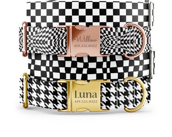 Gingham Dog Collar in Black and White - Psychedelic Pattern - Checkered Collar with Name in Gold, Rose Gold, Silver