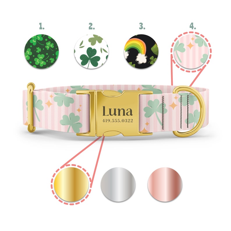 K&ouml;nnte beinhalten: Rosa-gr&uuml;nes Hundehalsband mit goldener Schnalle und einem personalisierten Namensschild mit der Aufschrift "Luna 419.555.0322". Das Halsband hat ein Kleeblatt-Muster und goldene Sterne. Die Schnalle ist in Gold, Silber oder Ros&eacute;gold erh&auml;ltlich.