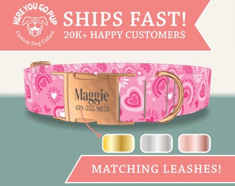 Groovy Hearts Dog Collar - Pink Retro Heart Print Dog Collar with Personalized Engraved Buckles, Cute Valentine Dog Collar