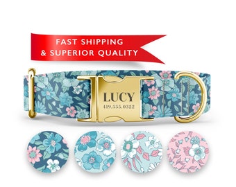 May include: A blue and pink floral dog collar with a gold buckle. The buckle is engraved with the name "LUCY" and the phone number "419.555.0322".