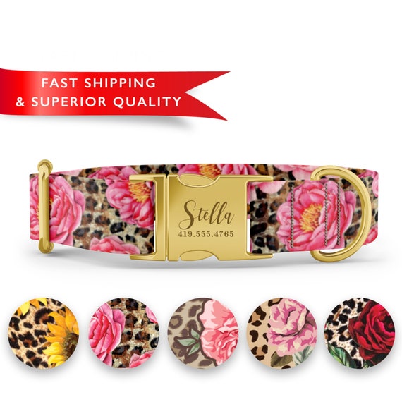 Leopard Flower Print Dog Collar, Personalized Custom Name